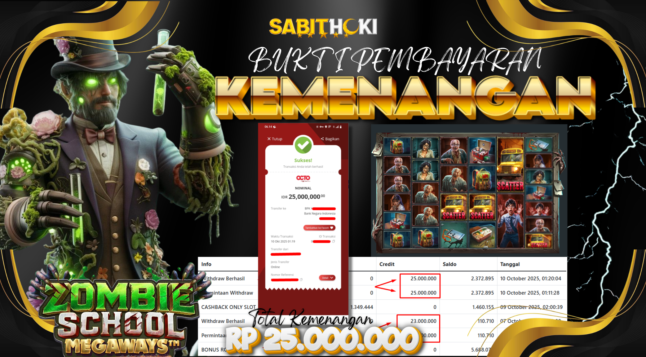 SELAMAT KEPADA MEMBER SETIA SABITHOKI YANG BERHASIL JACKPOT DI PERMAINAN ZOMBIE SCHOOL MEGAWAYS